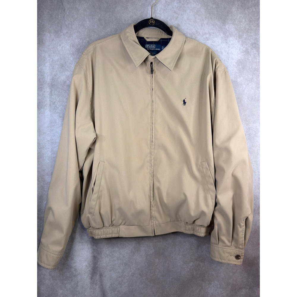 VTG Polo Ralph Lauren Harrington Jacket L Tan Beige Full Zip Plaid Lined Pony